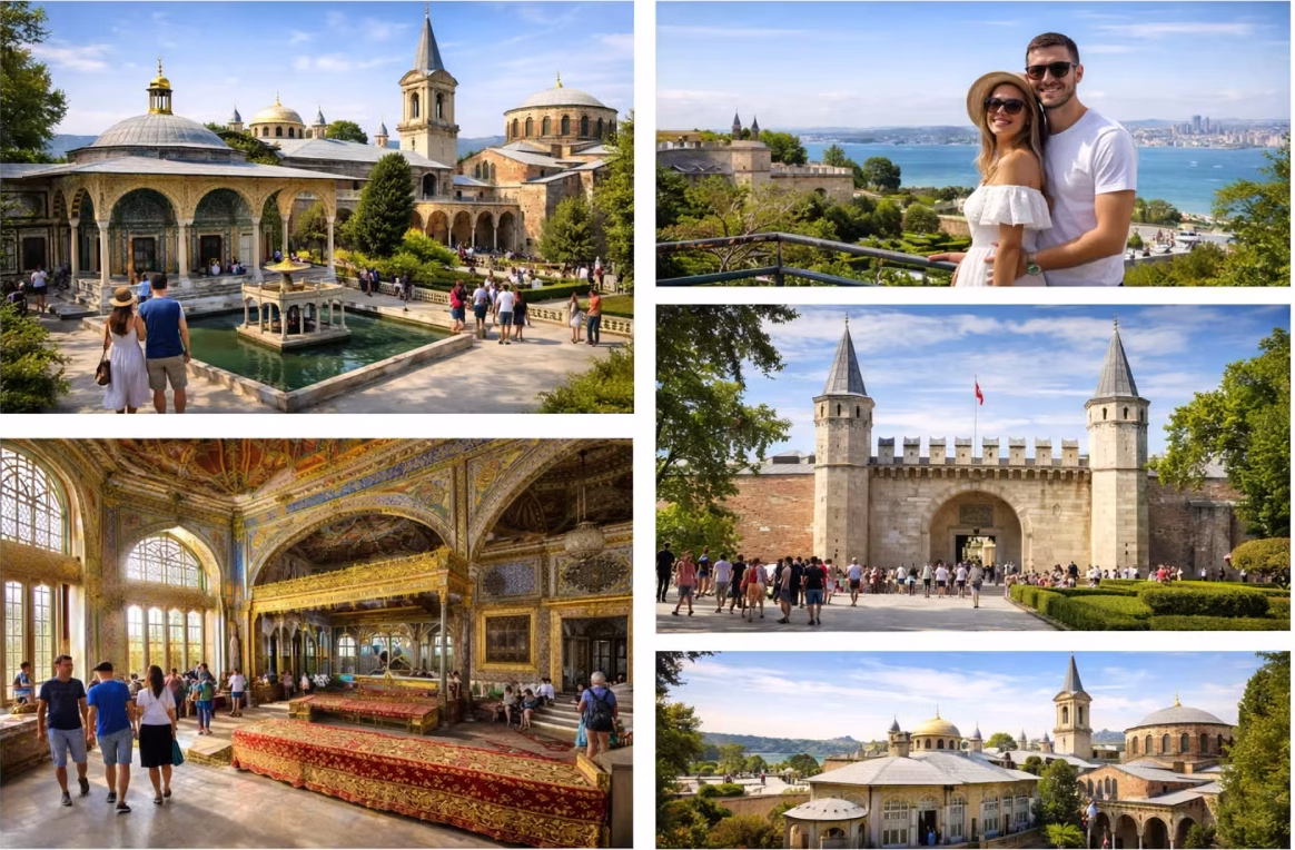 Collage of Topkapi Palace showing courtyards, ornate interiors, imperial gate, and Bosphorus views in Istanbul.